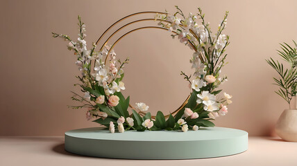 3D pedestal with flower background Suitable for product presentation and text space.
