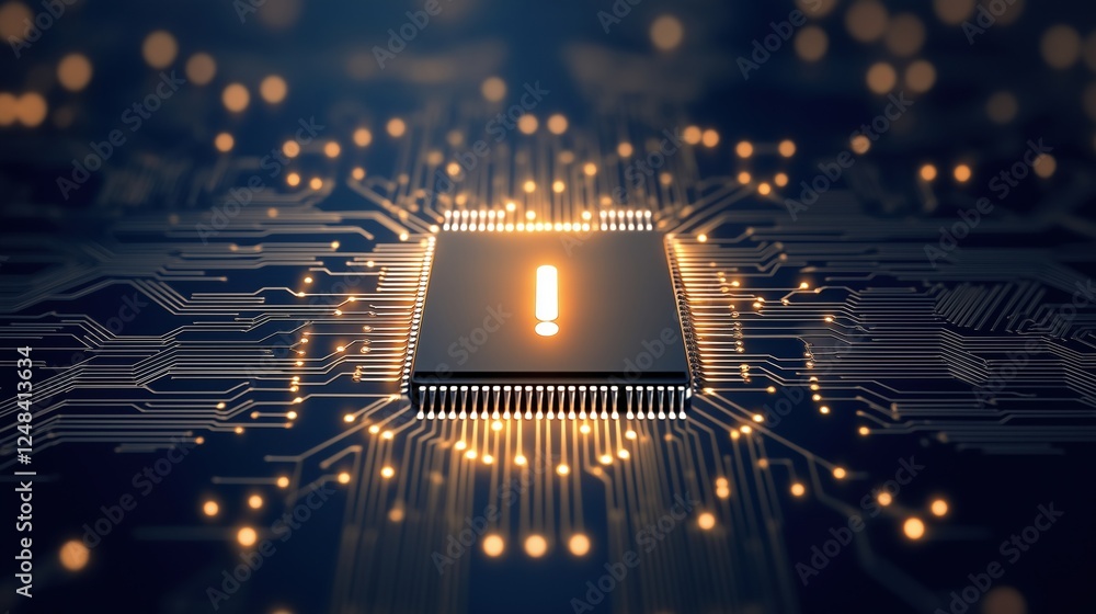 Poster a glowing microchip on a circuit board, surrounded by sparkling lights, symbolizing technology and i