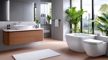 Fototapeta premium Automated Luxury Bathroom with Smart Features and Modern Design Elegant contemporary interior with high tech amenities natural elements and clean minimalist aesthetic