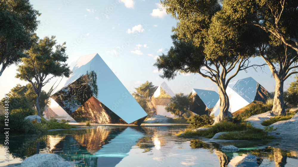Poster abstract shape minimalistic futuristic landscape with polygon trinagular metal shape 3d render illus