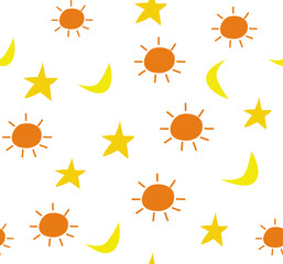 Cute hand drawn doodle suns stars and moon seamless pattern.