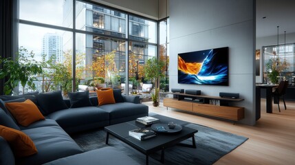 A sleek and modern living room with a large digital screen and panoramic city views showcasing a sophisticated and tech savvy urban living experience