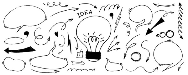 Bubble and arrow sketch with texture crayon chalk. Scribble hand drawn set lightbulb and speech bubble black on white background. Underline element crayon chalk set, Vector illustration