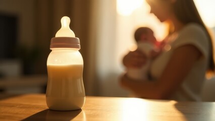 Baby Bottle with Milk on Table in Foreground, Mother Holding Newborn in Blurred Background at Home, Representing Child Care Concept and Newborn Feeding Time with Milk or Formula
