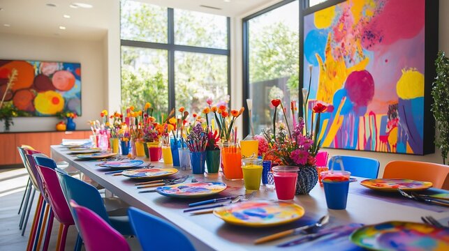A vibrant art studio setup with a long table decorated for a painting event bright colors