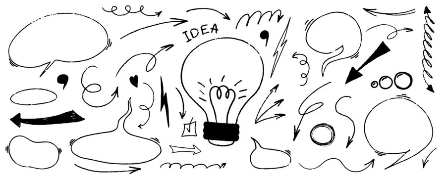 Bubble and arrow sketch with texture crayon chalk. Scribble hand drawn set lightbulb and speech bubble black on white background. Underline element crayon chalk set, Vector illustration