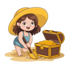 A cheerful girl discovers a treasure chest on the beach. She's wearing a sunhat and holding a shovel, her face beaming with joy