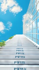 Fototapeta premium ascending steps marked with profit percentages leading to a corporate building represents the progression of business profit growth.