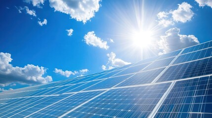 Solar Panels Under Bright Sunshine and Clouds