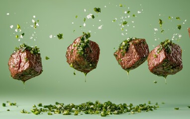 Floating steak bites with chimichurri sauce drizzles, mid-air on a pastel green background