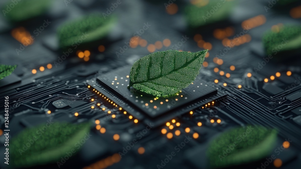 Poster ai powered sustainable microchip with glowing circuit seamlessly integrated with nature inspired bac