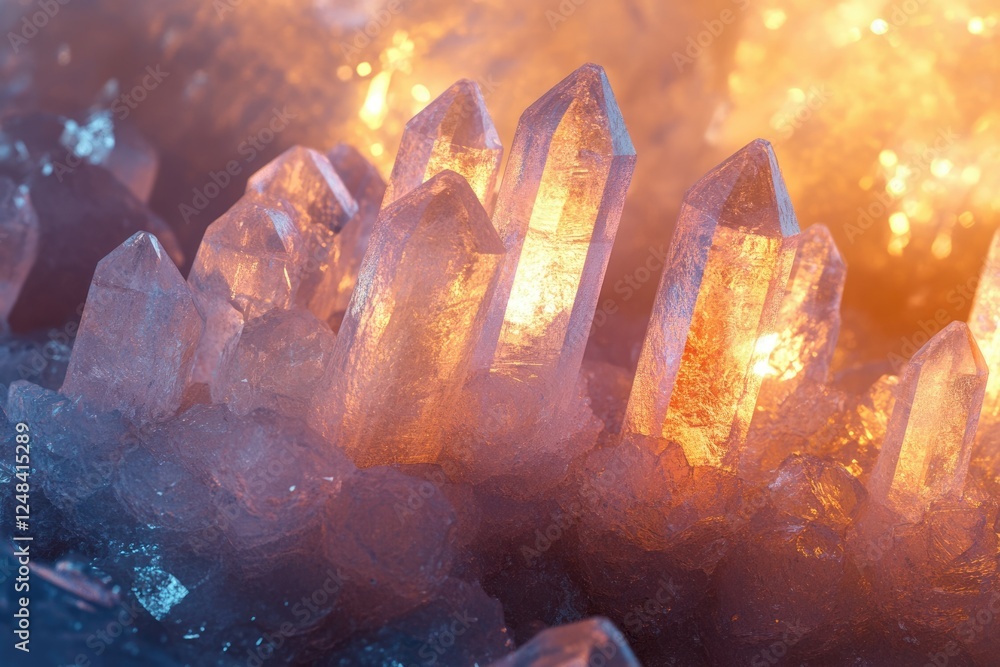Poster luminous quartz crystals cluster, glowing with warm light, creating a mystical and captivating scene