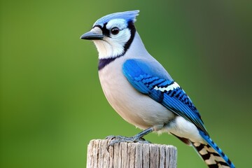 Obraz premium Blue jay perched on weathered wooden fence post