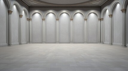 Fototapeta premium Spacious architectural gallery indoor exhibition space minimalistic design empty environment wide angle viewpoint