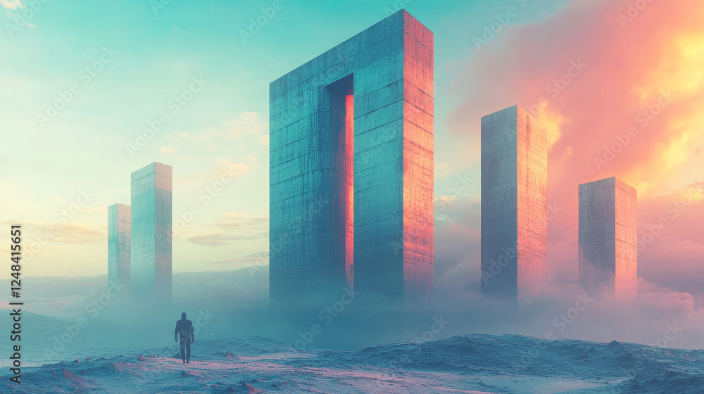 Poster abstract empty environment with concrete futuristic buildings and sky 3d render illustration