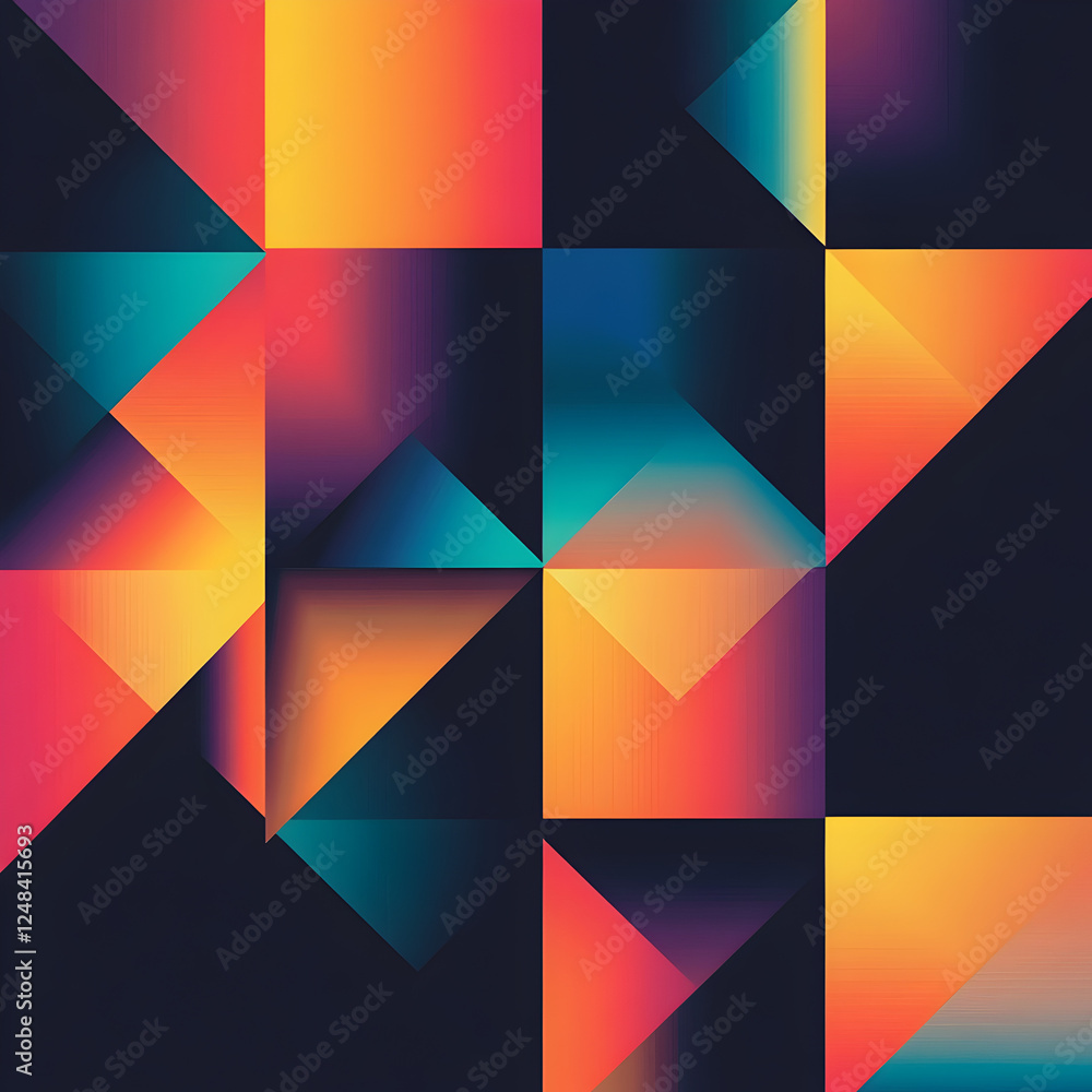 Poster abstract geometric pattern: vibrant, multicolored triangles and squares create a dynamic and modern 