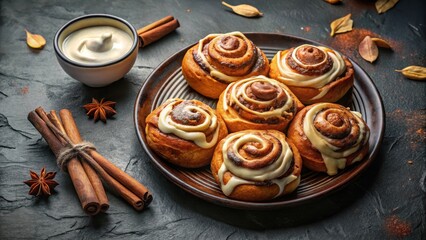 A plate of freshly baked cinnamon rolls, topped with a creamy glaze, accompanied by cinnamon sticks and star anise, a delightful autumnal treat
