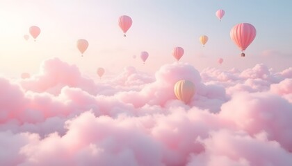 Obraz premium A Serene Journey Through Cotton Candy Clouds with Colorful Hot Air Balloons