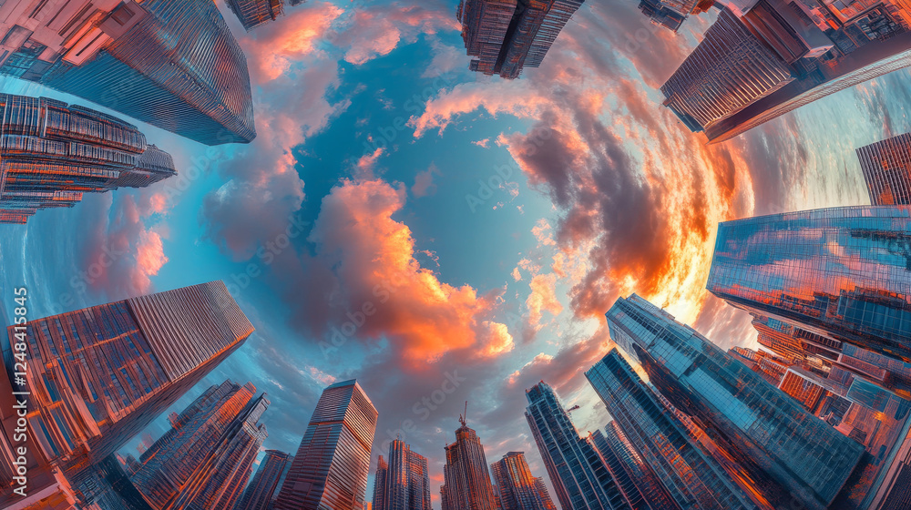 Aufkleber abstract city sky scraper structure background 3d illustration rendering with sky