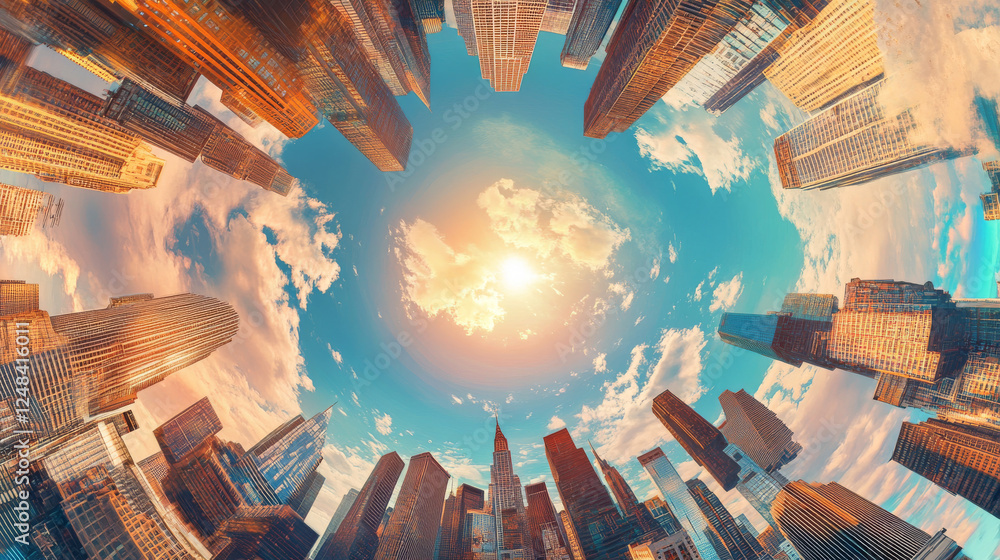 Aufkleber abstract city sky scraper structure background 3d illustration rendering with sky