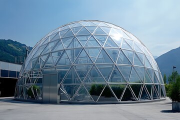 Geodesic dome greenhouse, industrial park, mountains, research