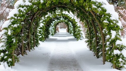 Fototapeta premium Snow-covered pathway under green arches, creating winter wonderland scene