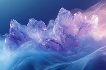 Crystalline peaks emerge from a sea of ethereal blue and purple mist, a surreal icy landscape.