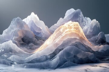 Abstract mountain range with glowing peak, digital art, icy texture, marble base.