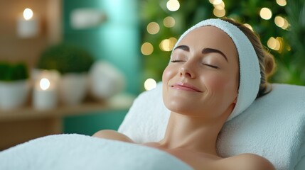 A dreamy and soft focus beauty treatment session with a woman enjoying a relaxing spa experience in a tranquil natural inspired setting