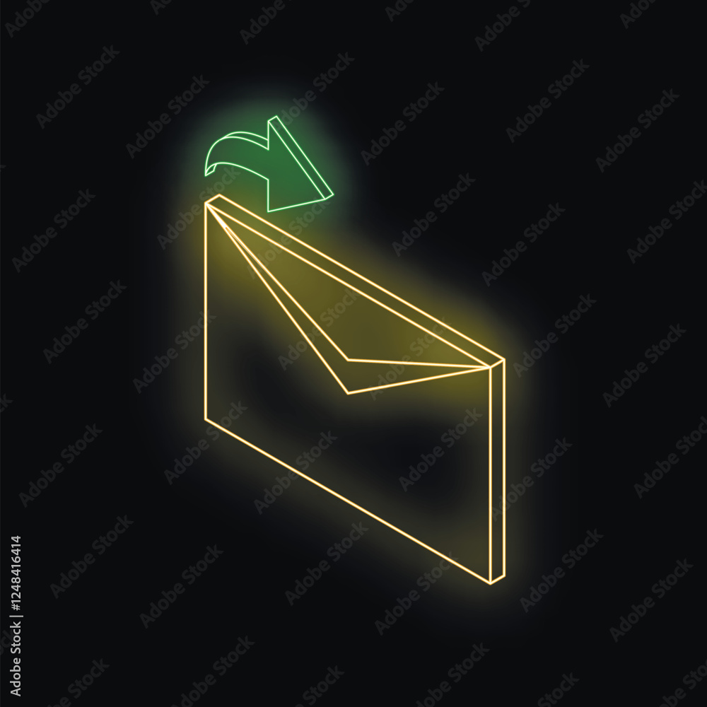Poster green neon arrow pointing at yellow neon email envelope symbolizing reply email message sending comm