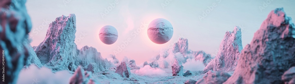 Poster pastel mountainscape with floating celestial spheres