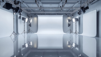 360 degree full panorama environment map of empty modern white studio room with glossy floor and reflections 3d render illustration hdri hdr vr virtual reality