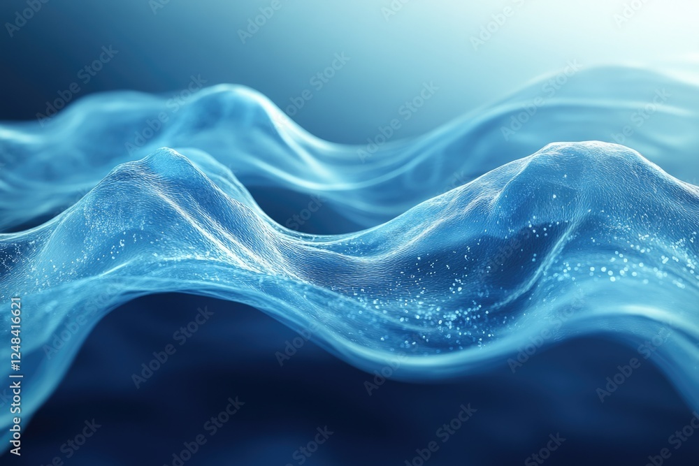 Poster abstract blue waves with a glowing texture, creating a serene and ethereal digital art piece.
