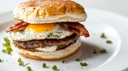 Close up of delicious breakfast burger with fried egg bacon and green onions served on a white plate