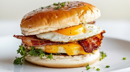 Delicious Breakfast Sandwich Close-up with Egg, Bacon, and Cheese on a Bun