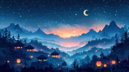 Fototapeta premium Night Sky Serenity: Mountaintop Haven with Glowing Lanterns