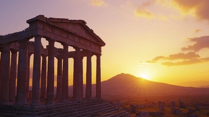 Ancient Temple Silhouette at Sunset Over Mountain Landscape