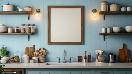 Cozy Blue Kitchen with Modern Decor and Stylish Shelving