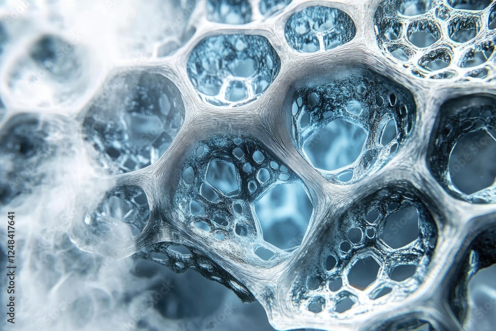 Poster intricate, porous, blue structure resembling a network or cellular system, possibly a microscopic vi