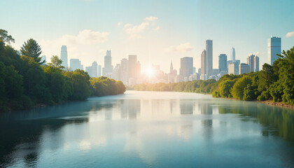 Obraz premium Urban skyline reflecting on tranquil river, human-nature harmony