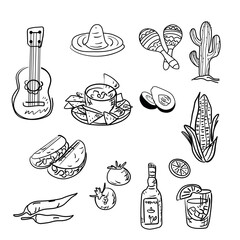 Mexican cuisine set and food in flat graphics black and white graphics on a white background. a simple illustration of food