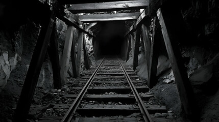 Abandoned dark mine tunnel with empty railway tracks