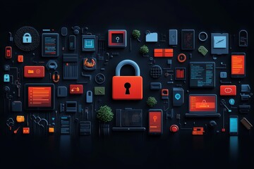 A creative banner with a padlock icon, a key, and a strong password example, surrounded by icons of digital devices. Generative AI