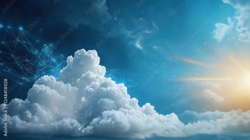 Poster a serene and futuristic sky filled with floating ethereal clouds and illuminated by a radiant glowin