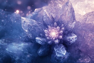 A crystalline flower blossoms amidst a mystical, icy landscape, radiating ethereal light.