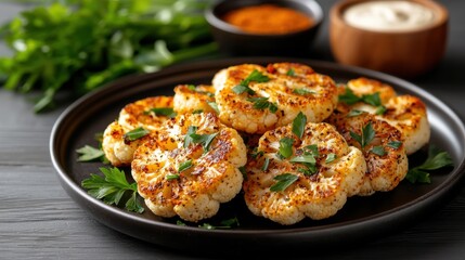 Artfully Arranged Roasted Cauliflower Steaks Drizzled with Creamy Tahini Sauce Showcasing a Delicious and Nutritious Vegetable Centric Dish for a Healthy Plant Based Meal or Gourmet Appetizer