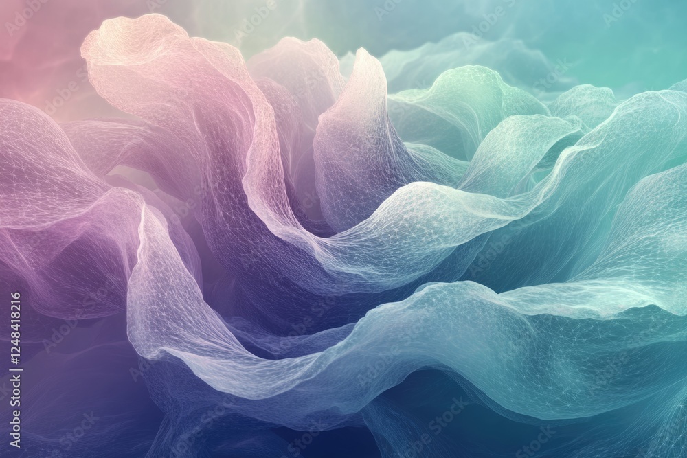 Poster abstract pastel-colored flowing fabric with a delicate mesh texture creating a dreamy, ethereal land