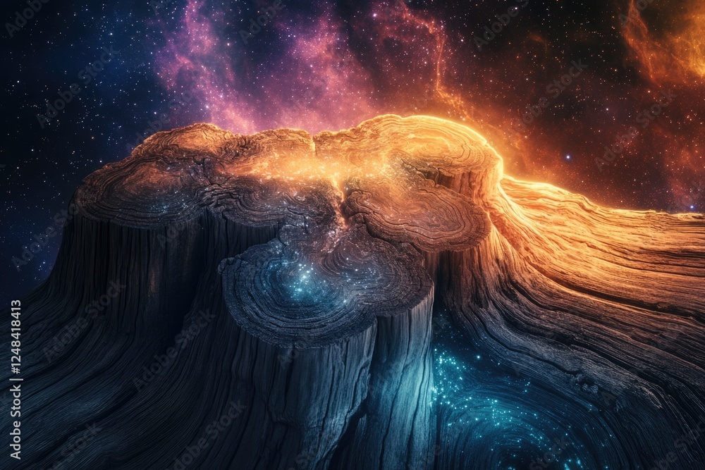 Aufkleber a cosmic nebula embedded within a giant, glowing tree stump, creating a surreal and otherworldly lan