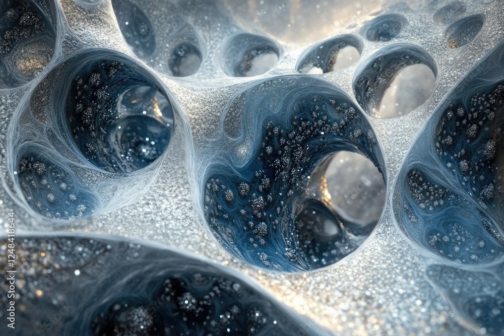 Poster abstract 3d rendering of a complex, interconnected network of caverns and tunnels, with a glittering