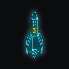 Glowing blue neon rocket flying up with bitcoin symbol, showing cryptocurrency growth or rising price